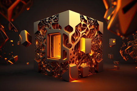 The abstract background uses a cube pattern with a metallic. Generative AIの素材