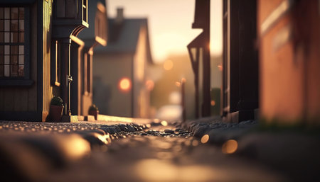 Macro View From the Street in Tiny Little Town before Sunset Time. Generative AIの素材