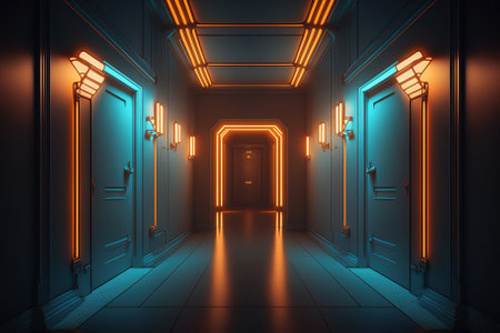 A breathtaking illustration of a futuristic tunnel with neon lights. Generative AIの素材