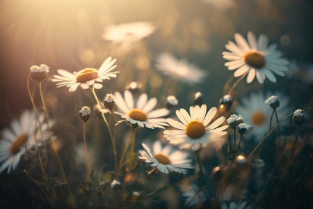 Beautiful nature scene with blooming chamomiles in sun flares. Generative AIの素材
