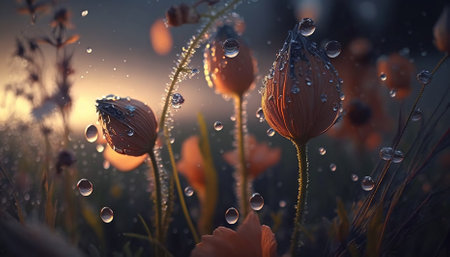 Beautiful wildflowers with dew drops at dawn. Generative AIの素材