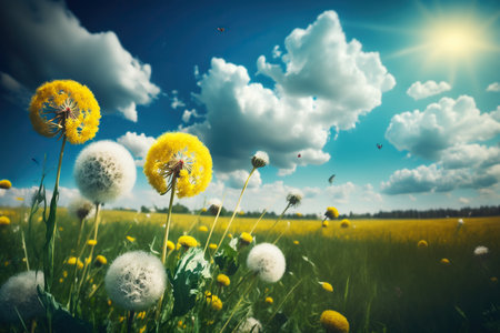 Beautiful meadow field with fresh grass and yellow dandelion flowers in nature against a blurry blue sky with clouds. Generative AIの素材