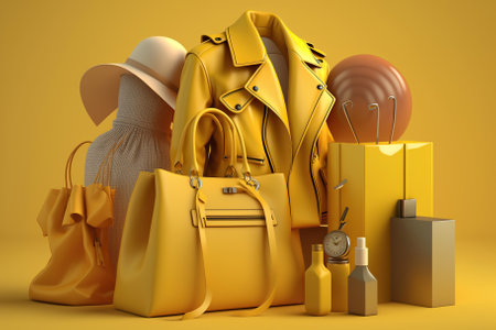 The shop is surrounded by shopping bags and clothes on a yellow background. Generative AIの素材