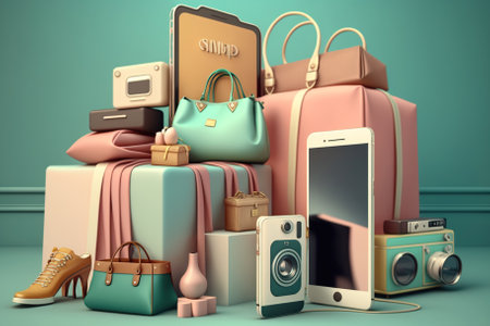 The shop is surrounded by shopping bags and clothes on a pastel background. Generative AIの素材