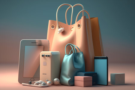 The shop is surrounded by shopping bags and clothes, smartphone, cart, on a pastel background. Generative AIの素材