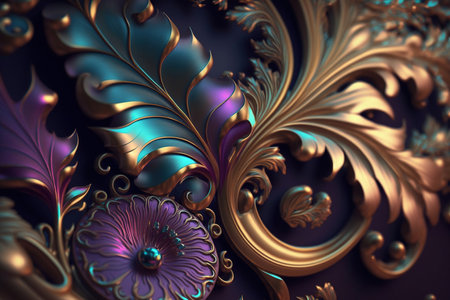 Abstract Flowers, gold and iridescent color combination. Generative AIの素材