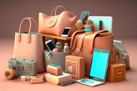 The shop is surrounded by shopping bags and clothes on a pastel background. Generative AIの素材
