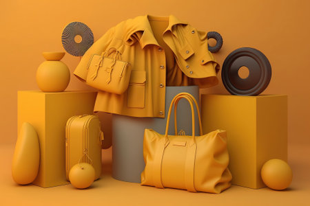 The shop is surrounded by shopping bags and clothes on a yellow background. Generative AIの素材