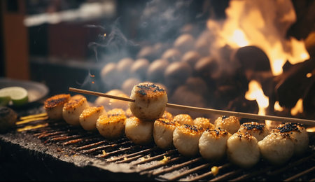 Grilled seafood scallop and sea urchin eggs skewer with smoke, japanese street food at Tsukiji Fish Market, Japan. Generative Aiの素材