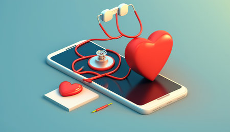 Doctor online concept. Phone screen with red heart using stethoscope checks health. Online medical clinic communication with patient. Minimal health concept. 3d illustration isometric, Generative Aiの素材