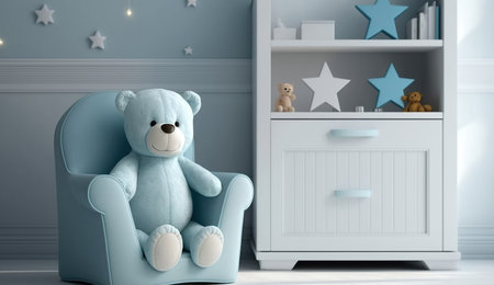 Small light blue armchair for kid standing in white room interior with stars on the wall, white rug and cupboard with books, teddy bear and fresh plant, Generative Aiの素材
