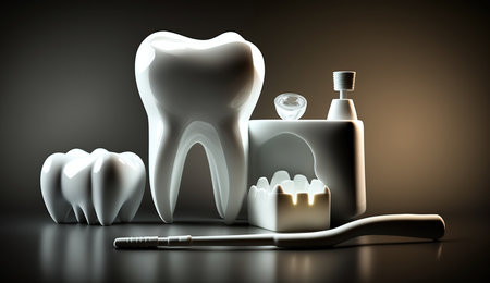 White healthy tooth, different tools for dental care, Generative Aiの素材