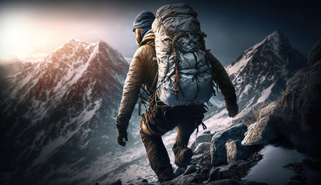 Mountain climber scaling a peak, with a sense of challenge and perseverance and a focus on endurance and strength, Generative Aiの素材