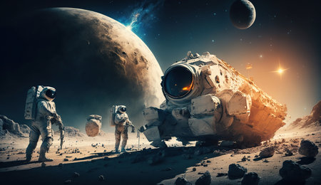 Astronauts with spaceship exploring an asteroid in space 3D rendering, Generative Aiの素材