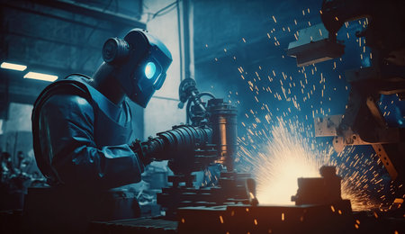 Industrial robotic welding and robot gripping working on smart factory, industry 4.0 and technologyの素材