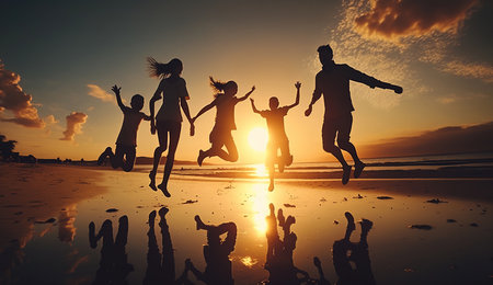 Happy asian family jumping together on the beach in holiday. Silhouette of the family holding hands enjoying the sunset on the beach, Generative Aiの素材