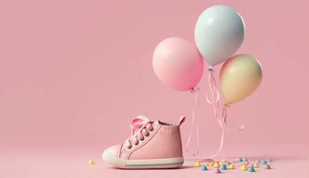 Pink baby shoes with colorful balloon on pink background with space for tex. minimal hollyday concept, Generative Aiの素材