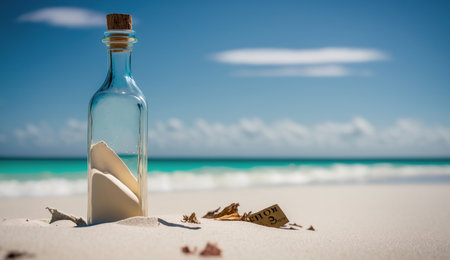 Bottle on sand beach over blurred tropical blue sea and clear blue sky, Generative Aiの素材
