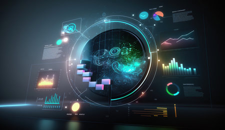 Digital business interface on dark background. Technology concept. 3D Rendering, Generative aiの素材