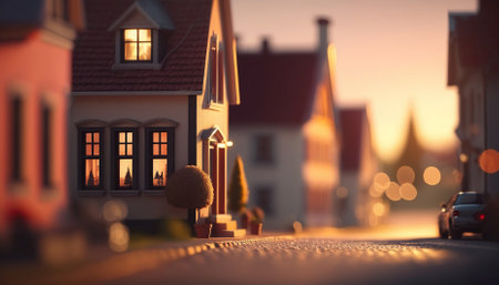 Macro View From the Street in Tiny Little Town before Sunset Time. Generative AIの素材