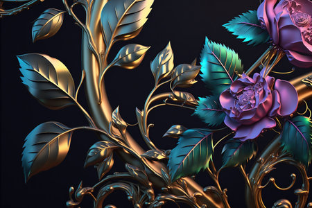 Abstract Flowers, gold and iridescent color combination. Generative AIの素材