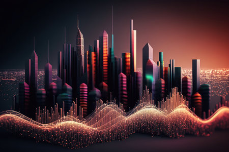 Smart city and abstract dot point connect with gradient line and aesthetic Intricate wave line design. Generative AIの素材