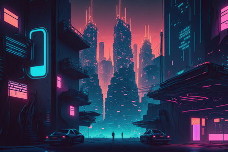 Beautiful neon night in a cyberpunk city. Generative AIの素材