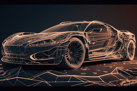 Wireframe of sports car in dark environment. Generative AIの素材