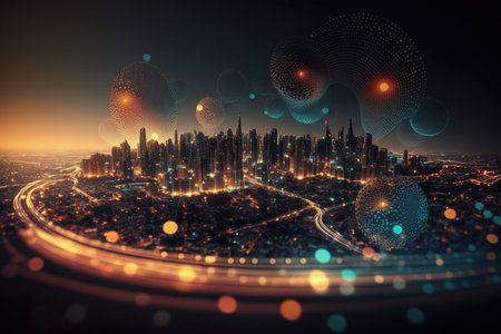 Smart city and abstract dot point connect with gradient line and aesthetic Intricate wave line design. Generative AIの素材