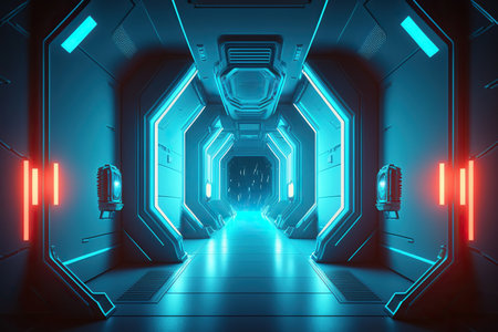 3d rendering of spaceship corridor neon glowing blue background futuristic. Generative AIの素材