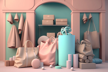 The shop is surrounded by shopping bags and clothes, smartphone, cart, on a pastel background. Generative AIの素材