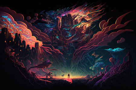 Beautiful neon night in a cyberpunk city. Generative AIの素材