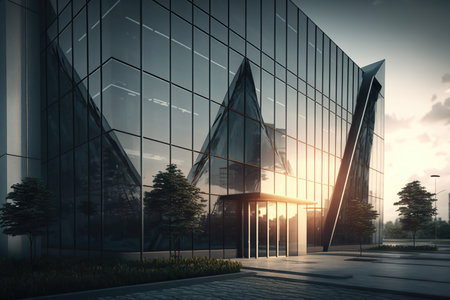 Modern glass wall commercial buildings exterior. Generative AIの素材