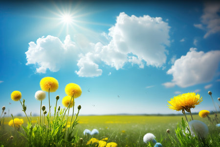 Beautiful meadow field with fresh grass and yellow dandelion flowers in nature against a blurry blue sky with clouds. Generative AIの素材