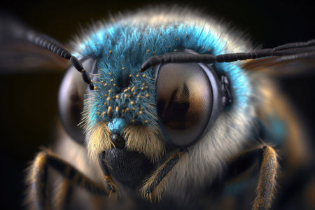 blue jewel bee, Closeup of face fluffy head of bee. Generative AIの素材
