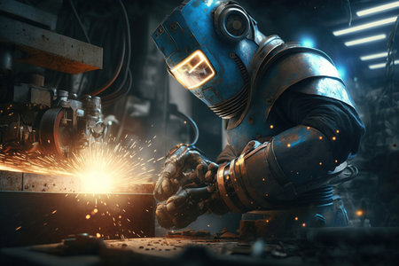 Team welding robots represent the movement. In the automotive parts industry. Generative AIの素材