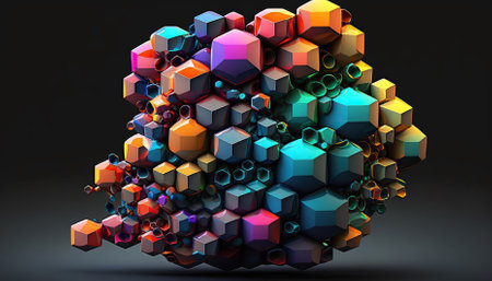 Colorful 3D shapes vector composition on dark background. Generative AIの素材