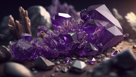 Background with amethyst crystals on dark background. Generative AIの素材