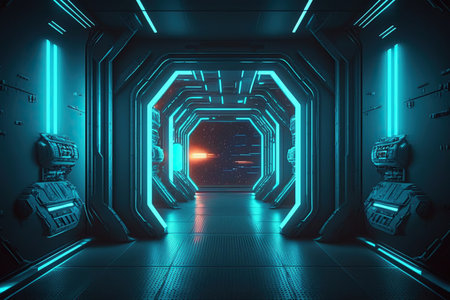 3d rendering of spaceship corridor neon glowing blue background futuristic. Generative AIの素材