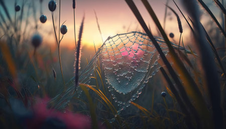 The tall grass is full of cobwebs with dew drops and the sky has beautiful colors and clouds. Generative AIの素材