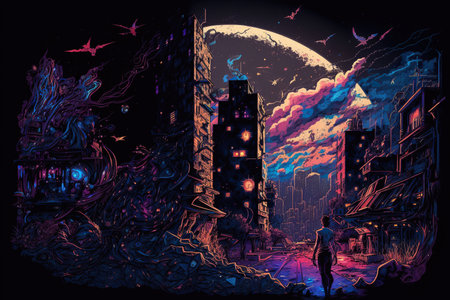Beautiful neon night in a cyberpunk city. Generative AIの素材