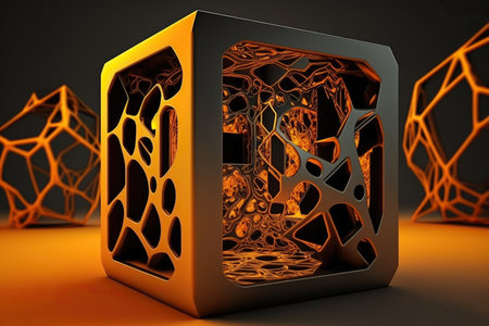 The abstract background uses a cube pattern with a metallic. Generative AIの素材