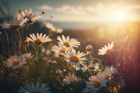 Beautiful nature scene with blooming chamomiles in sun flares. Generative AIの素材