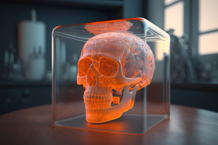Skull model on a 3d printer in a glass box. Generative AIの素材