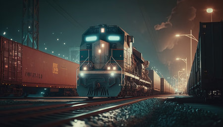 Large cargo train with goods leaving the terminal at night. Generative AIの素材