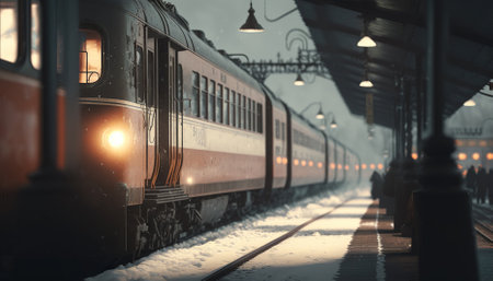 train stop at railway station in a heavy snow day. Generative AIの素材