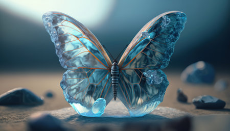 large stunningly beautiful fairy wings Fantasy crystal glass glitter butterfly sits on a light blue stone. Generative AIの素材