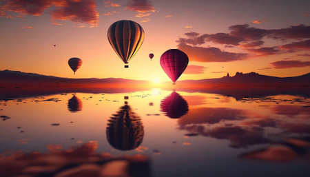 balloon flying into sunset over water. Generative AIの素材