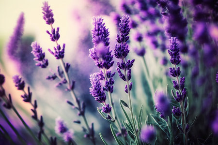 Selective focus on lavender flower in flower garden, lavender flowers lit by sunlight. Generative AIの素材