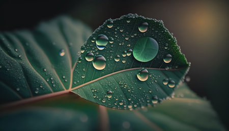 beautiful drops of transparent rain water on a green leaf macro. Generative AIの素材